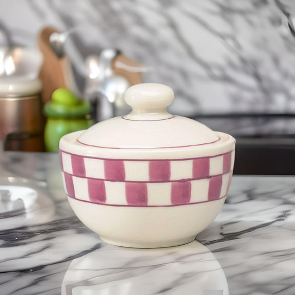 Sugar Bowl Red/White Checkmate Stoneware Handpainted | Renovator's Supply