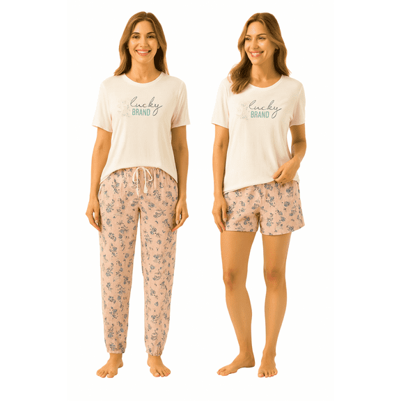 Lucky Brand Womens 3-Piece Pajama Set T-Shirt, Pant and Shorts with Drawstring (Pink Floral, Large)