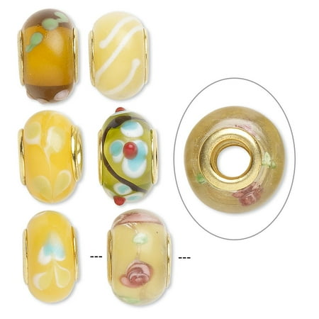 

Bead Dione lampworked glass and gold-finished brass grommets transparent yellow and opaque multicolored 12x8mm-16x9mm rondelle with assorted designs. Sold per pkg of 6.
