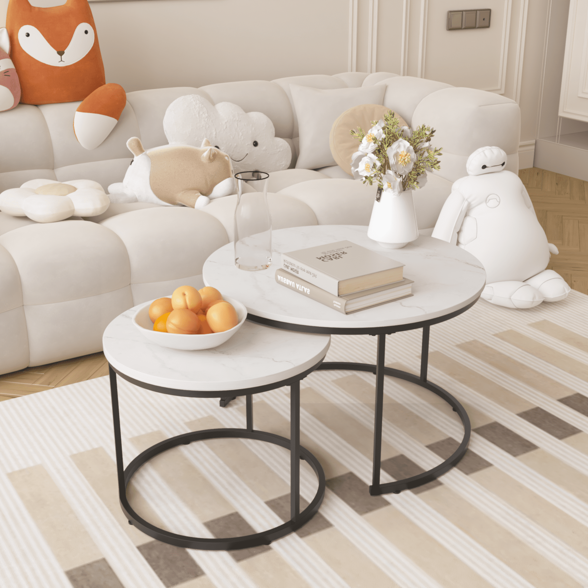 27.6" Nesting Coffee Table Set of 2, Round Coffee Table Wood Marble Pattern Top with Sturdy Metal Frame, End Table Side Tables for Living Room Bedroom Balcony Yard (White)
