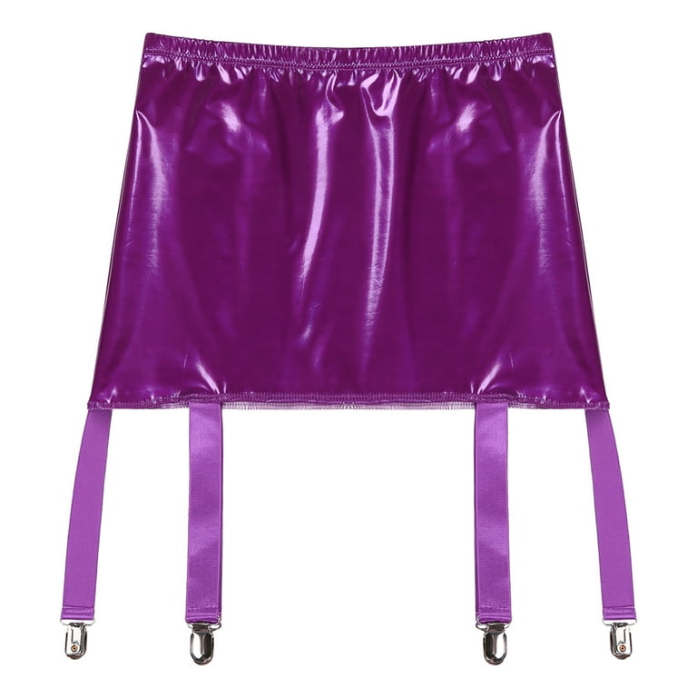 Women Wet Look PVC Leather 6 Straps Metal Buckle Garter Belts