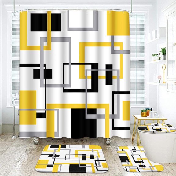 Geometric Pink Bathroom Set with Shower Curtain and Rug and Accessories, Black and Gray Shower Curtain Set, Pink Abstract Luxury Shower Curtain for Bathroom,Modern Bathroom Decor 4 Pcs