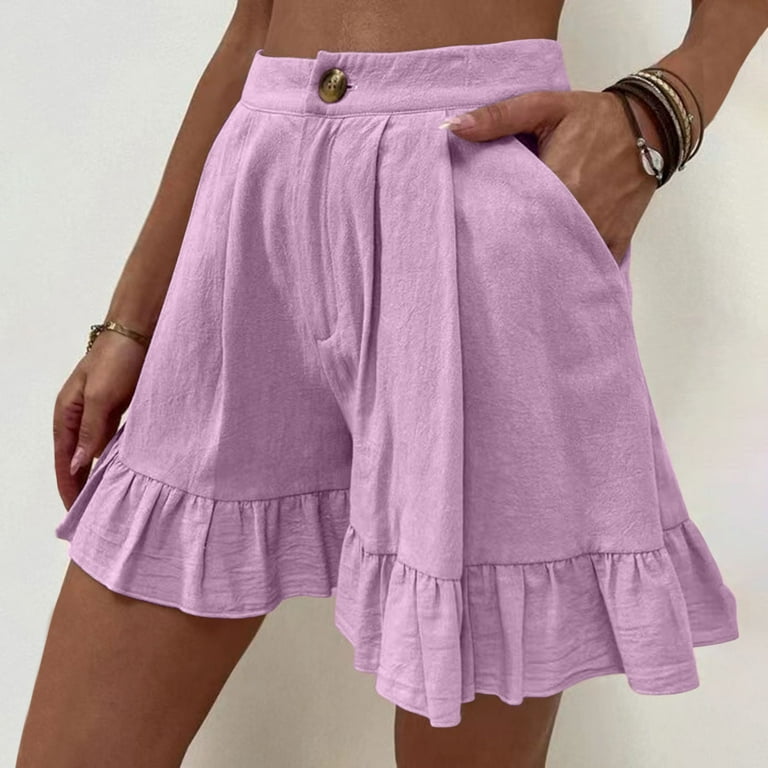 Zodggu Womens Pink Junior Shorts Women's Summer Fashion Solid Color Casual  Wide Leg Pleated Ruffle Breathable Comfy Loose Elastic High Waist Shorts  Pants Trendy Shorts 8 