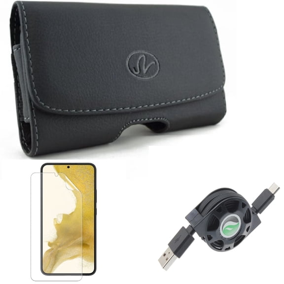 For Samsung Galaxy S21 (6.2") - Type-C Retractable USB Cable   Anti-Glare TPU Film Matte Screen Protector   Swivel Leather Case Belt Clip