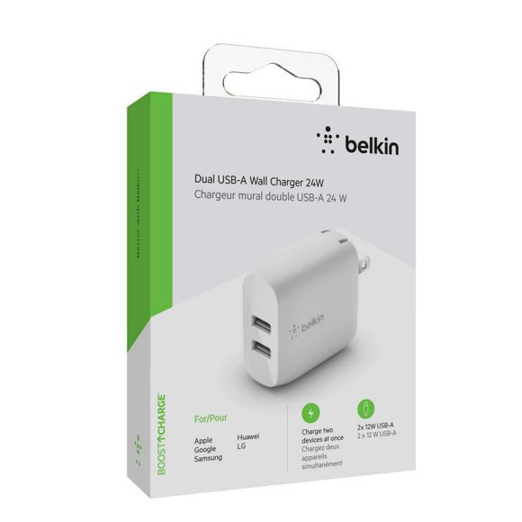 Belkin 24W Dual Port USB Wall Charger - iPhone Fast Charging - USB Charging Block for Power Bank, iPhone 14, iPhone13, iPhone 12, iPhone 11, iPad Pro, Samsung & More, iPhone Cable Not Included, BELKI