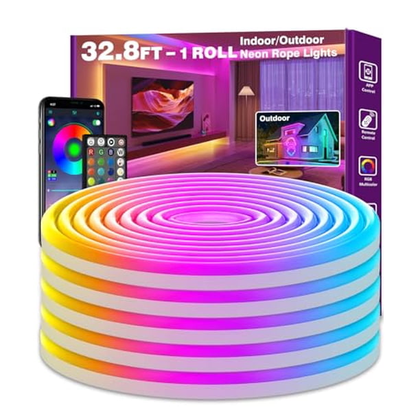SINLEY Luces de cuerda de neón LED de 60 pies, control con aplicación/remoto, luces de cuerda LED flexibles, modos múltiples, luces de neón RGB para exteriores IP68 a prueba de agua, música