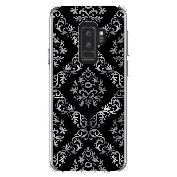 DistinctInk Clear Shockproof Hybrid Case for Samsung Galaxy S9  PLUS (6.2" Screen) - TPU Bumper, Acrylic Back, Tempered Glass Screen Protector - Black White Silver Grey Damask - Floral Damask Pattern