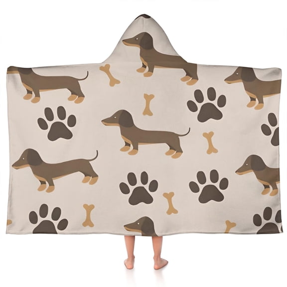 Dachshund and Paws Hooded Bath Towel,50"x30" for Ages 3 To 12 Kids, Quick Dry Lightweight Soft Microfiber Hood Beach Towel Cover Up for Kids