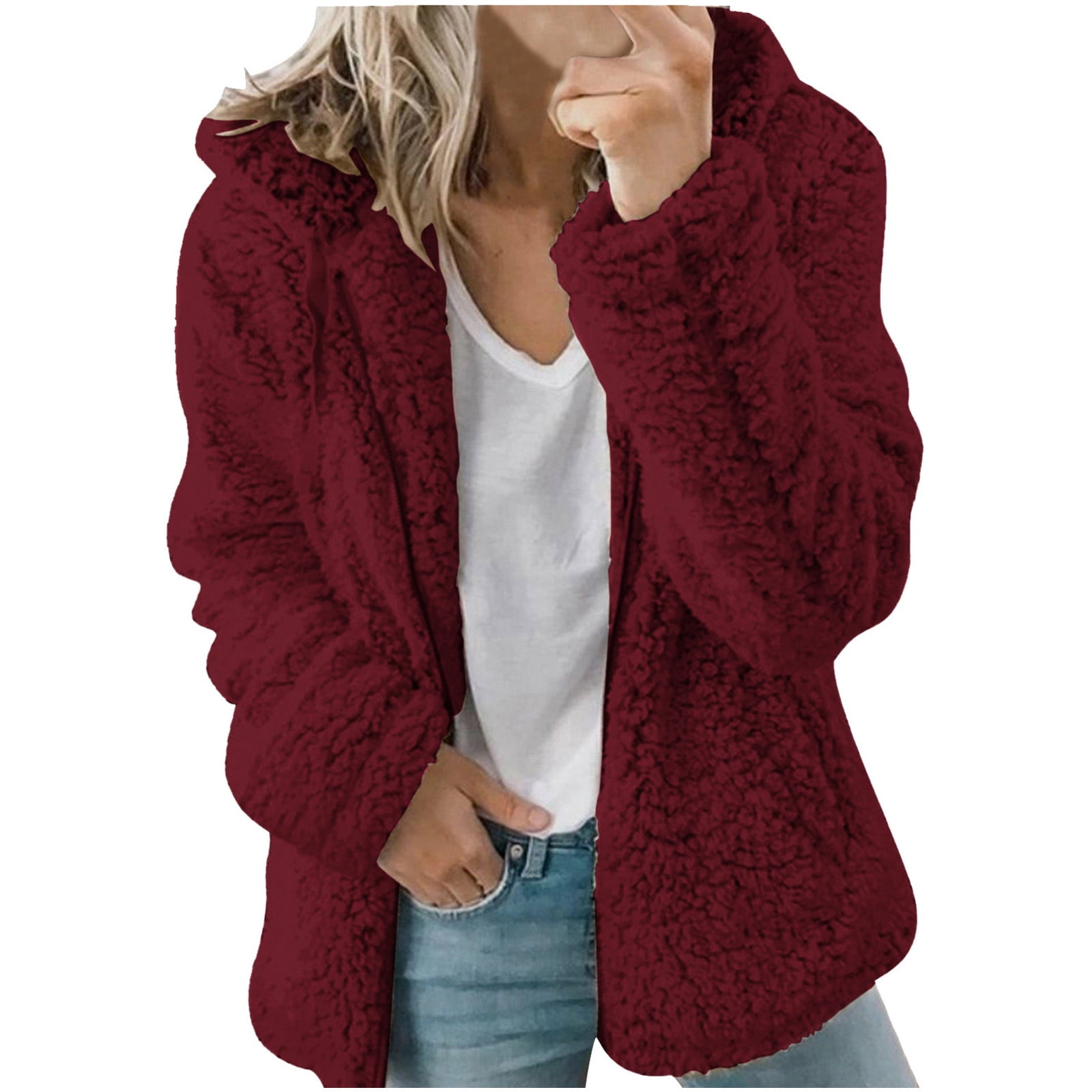 Plush Jackets for Women Solid Color Sherpa Jackets Warm Faux Fur Zip Up ...