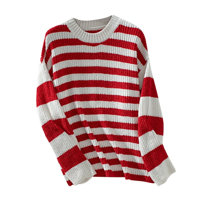 LOVZFMLL Chandails pour Femmes, Chandail à Col Rond en Acrylique Côtelé à Rayures Décontracté Basique Ample à Manches Longues Hauts Chauds Vêtements d'Automne Hiver