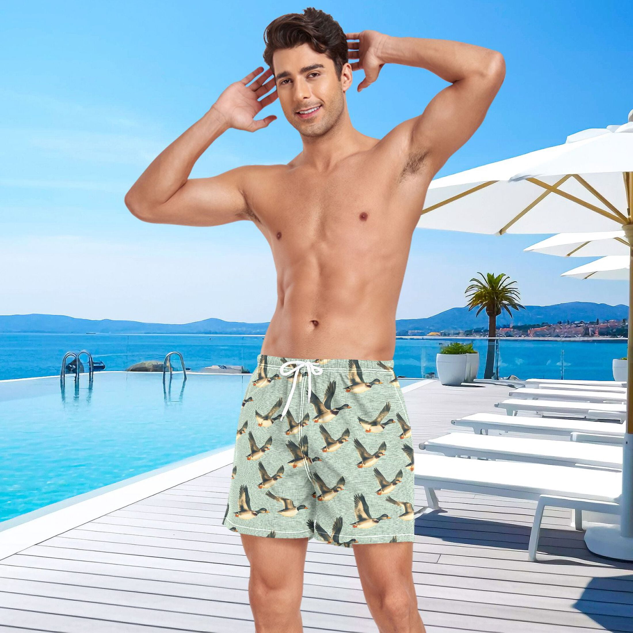 joogoo Men's Ducks Flying Swim Trunks with Liner Pocket Beach Shorts L