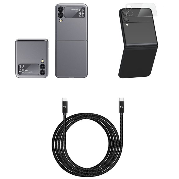 Bemz Accessory Bundle for Galaxy Z Flip 3 5G: Slim Rubberized Matte Snap On Case (Grey), Rear Camera Glass Screen Protector, Heavy Duty USB-C to USB-C Cable (4ft)