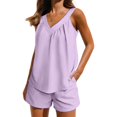 thumbnail image 3 of Women's 2 Piece Outfits Sleeveless V Neck Ruffle Sets Summer Contrast Top Matching Shorts, 3 of 6