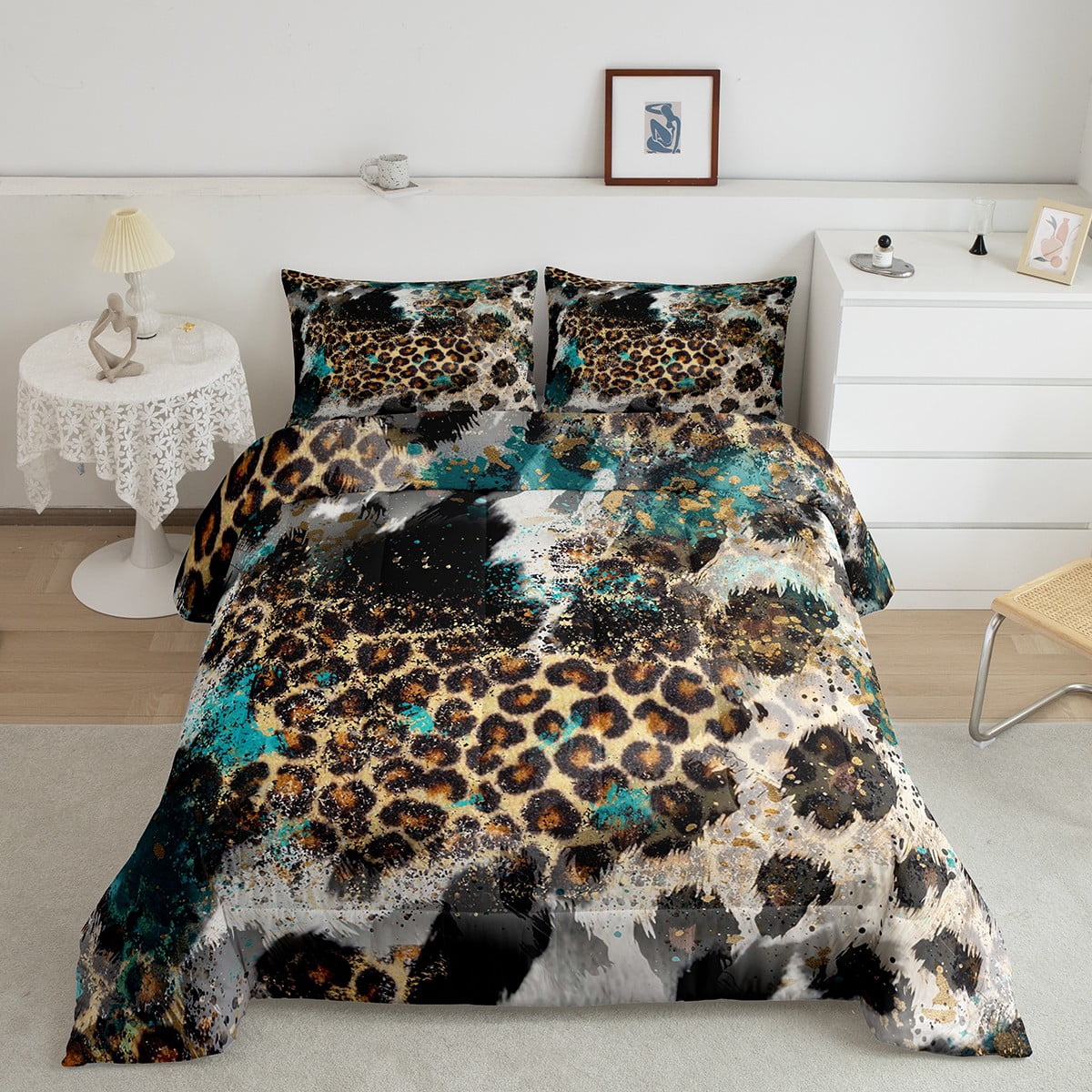 Leopard Print Comforter Set Twin Size,Adults Bedroom Decor,Black White Cow Texture Down Comforter,Abstract Animals Bedding Set,Rustic Farmhouse Duvet Insert