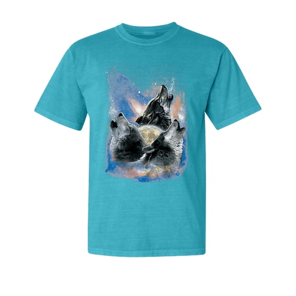 Wild Bobby, Howling Wolf Full Moon, Animal Lover, Garment-Dyed Washed Look Short Sleeve T-Shirt, Blue Lagoon, Small