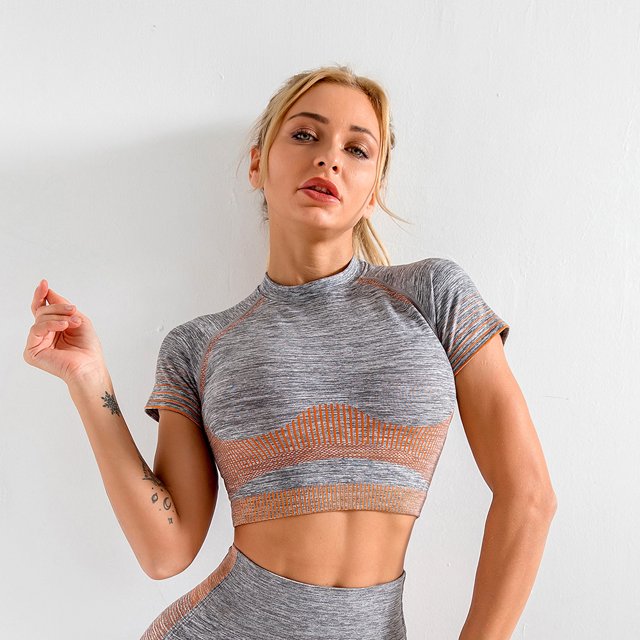 Mujeres Yoga Crop Top Spliced Gradient Secado rápido O cuello Manga corta Bodycon Fitness Training G Abanopi Yoga Top