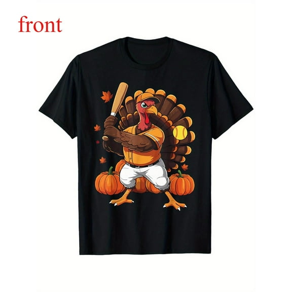 Turkey Baseball Tee Cartoon Pumpkin Graphic Soft Comfort Short Sleeve Round Neck Sports Top Black S-5XL