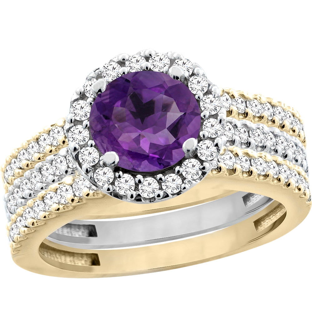 10K Gold Natural Amethyst 3-Piece Ring Set Two-tone Round 6mm Halo Diamond, size 5 by Gabriella Gold