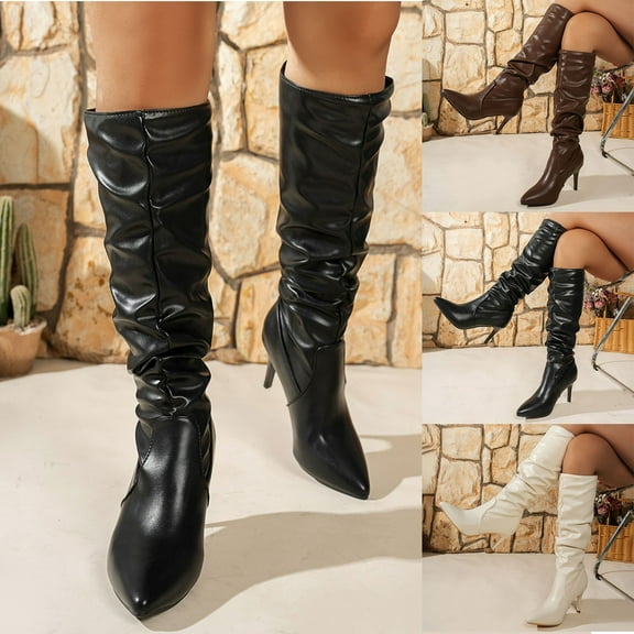 Juebong Fall Boots for Women Slouchy Knee High Boot Wide Calf Kitten Heel Pointed Toe Pull On Long Boots Winter Shoes Beige,39