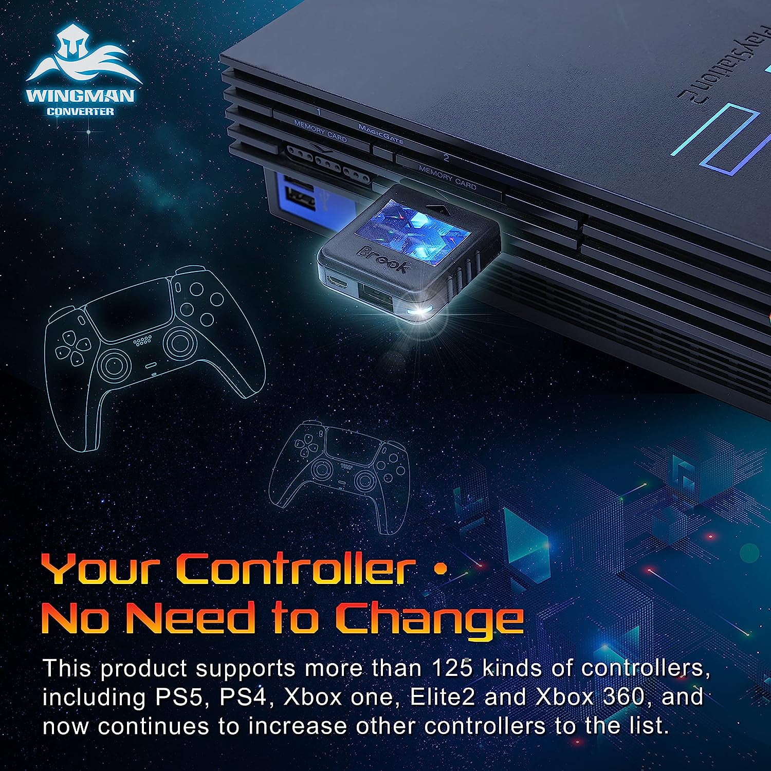 Brook Wingman PS2 Converter - Controller Adapter for PS3 / PS4 / PS5 / Xbox 360 / Xbox One / Xbox Series X/S / Switch Pro to PS2, PS1 and PS Classic [Cross-Platform Accessory]