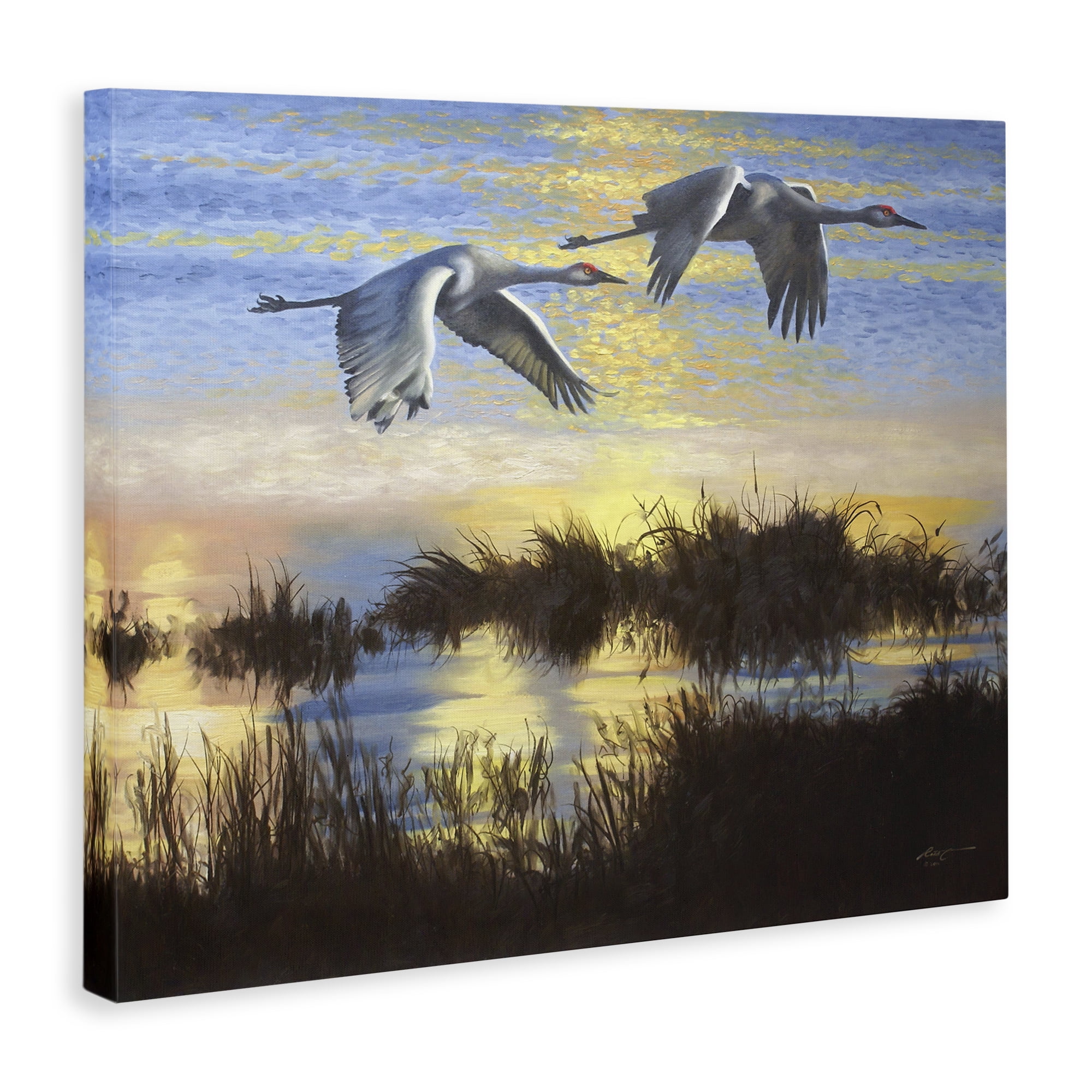 Stupell Industries Two Cranes Over Lake Landscape Painting Gallery Wrapped Canvas Art Print Wall Art, 40 x 30