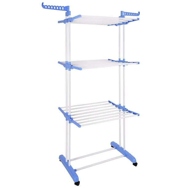 Aquaterior Folding 3 Tier Clothes Drying Rack Rolling Collapsible