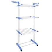 Aquaterior Folding 3 Tier Clothes Drying Rack Rolling Collapsible Garment Laundry Dryer Hanger Stand Rail Indoor Dark Grey