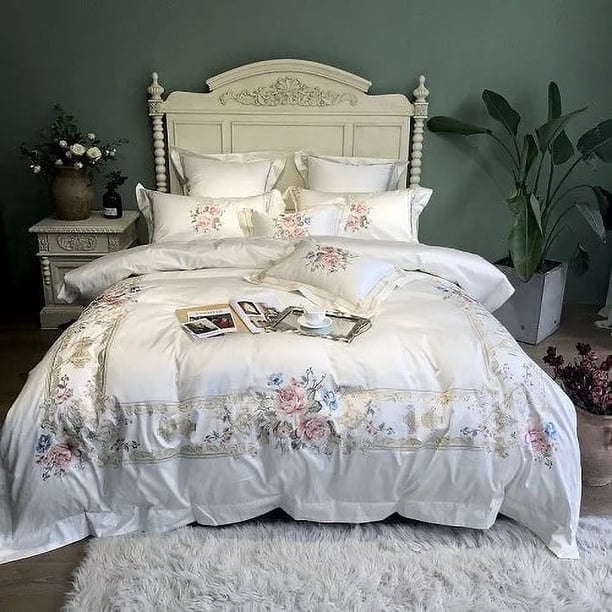 Thl1077 Algodón Egipcio de Lujo Blanco Juego de Cama con Bordado