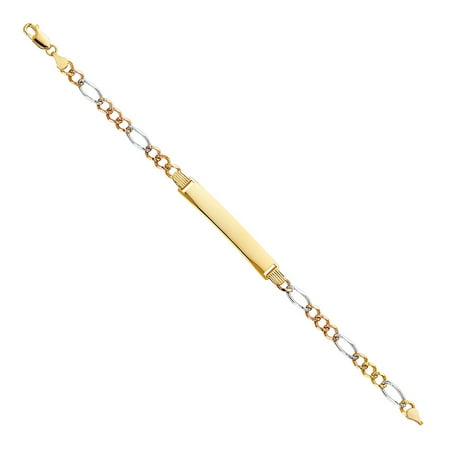 Tri Color Figaro Bracelet Solid Italian 14k Tri Colored Gold Figaro Links Chain Rectangular Flat High Polish 7.5 inch ID Bracelet Approximated 8.5 Grams ()