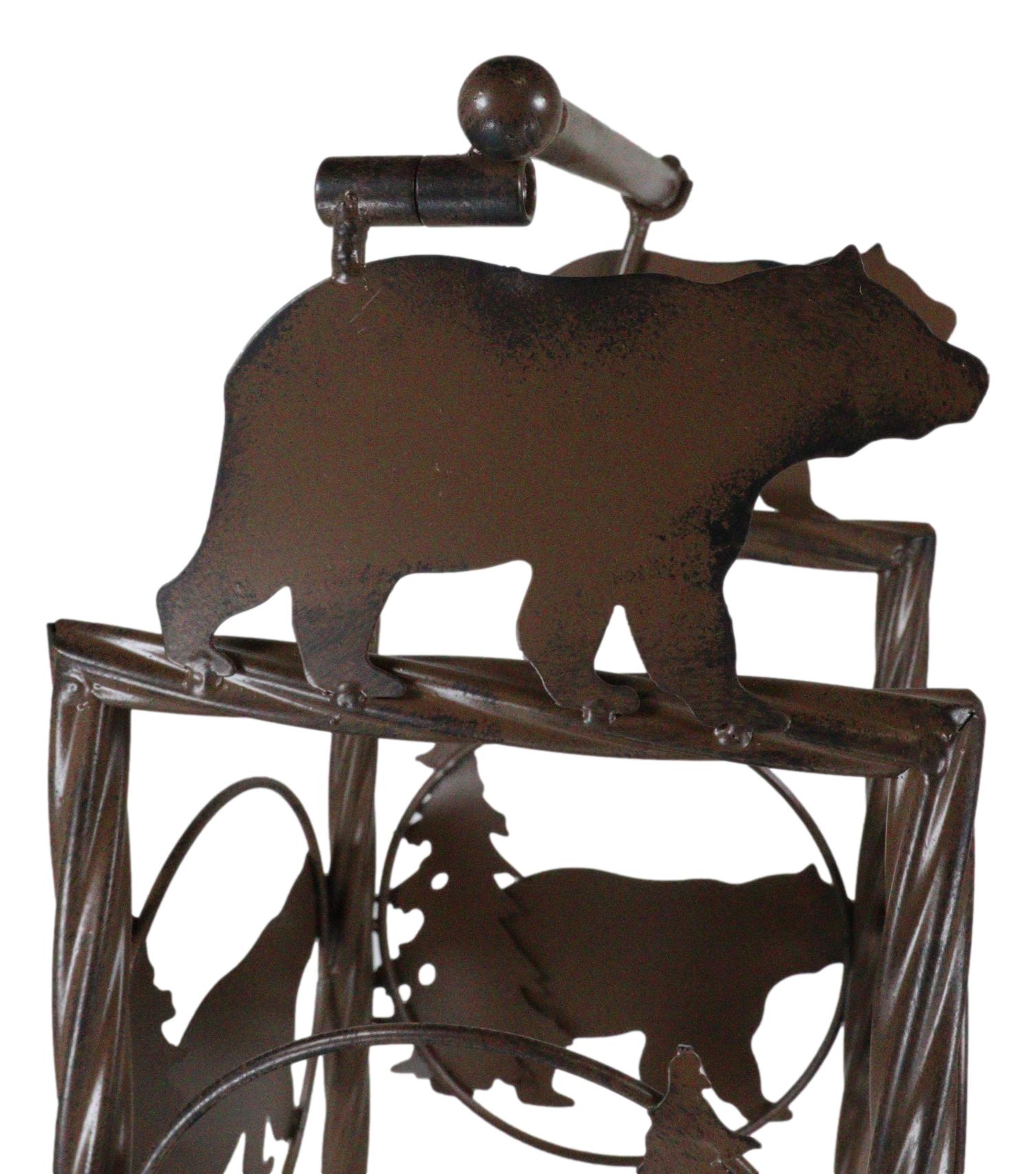 Cast Iron Western Rustic Black Bear Pine Trees Toilet Paper Holder Stand Station