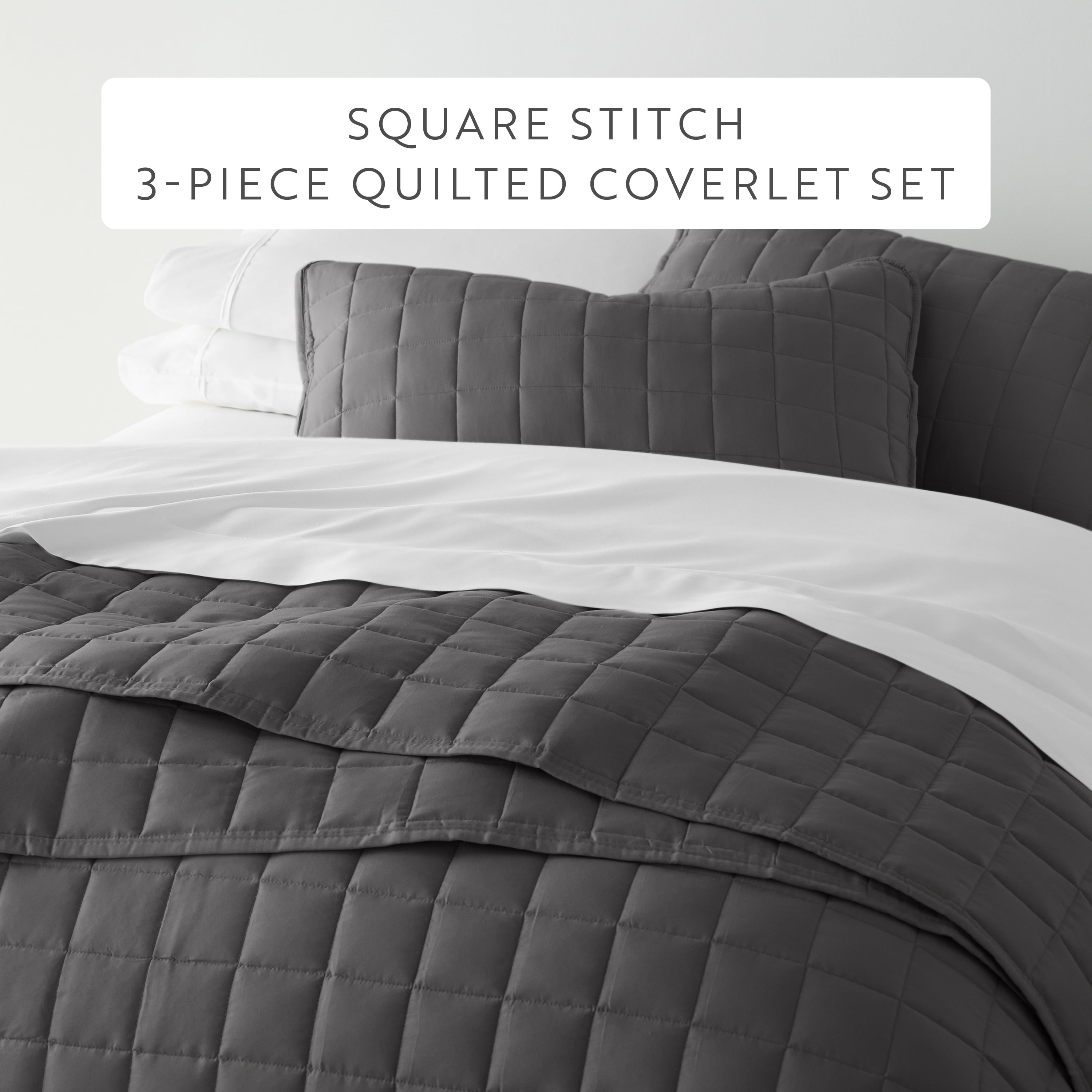 Noble Linens Gray Square Pattern Quilted Coverlet Set, Twin / Twin XL