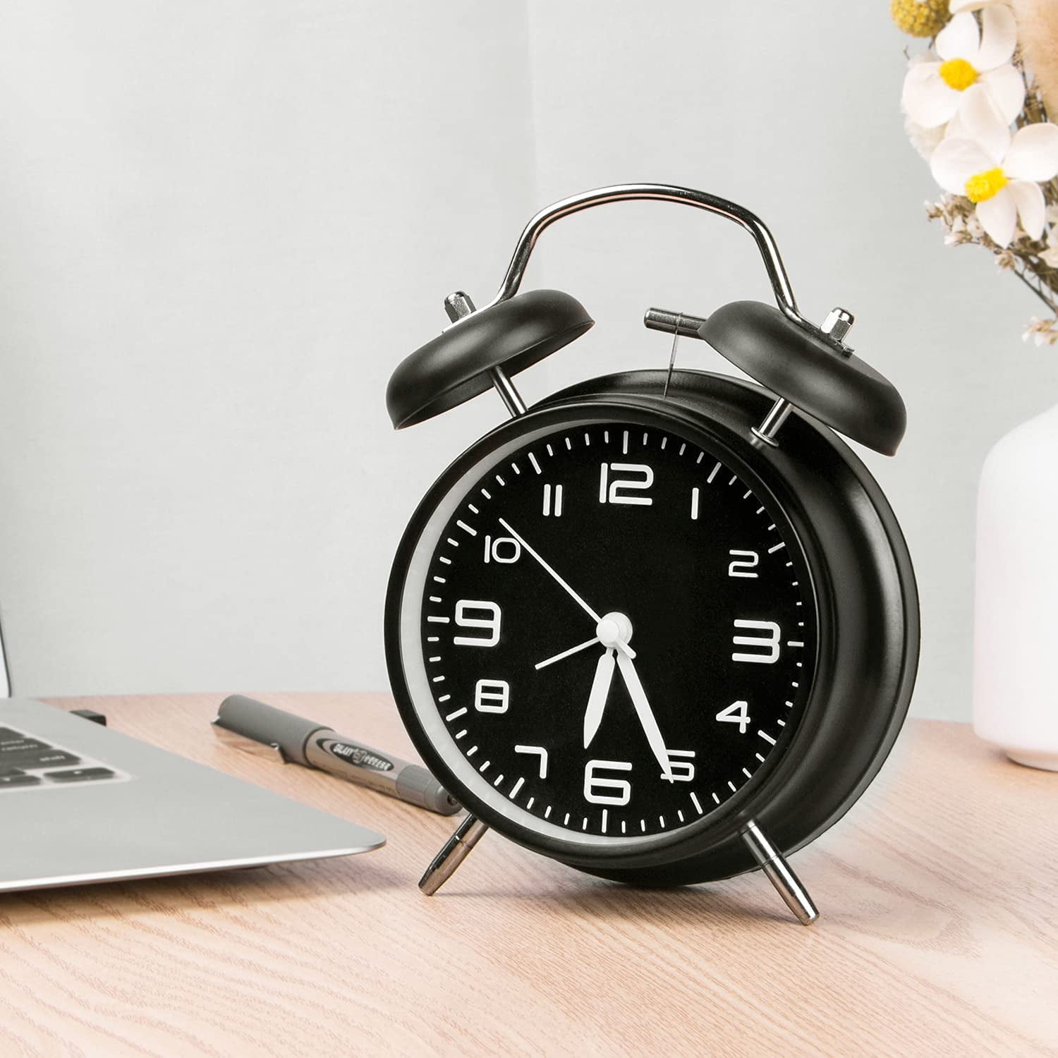 VONTER Products Analog Alarm Clock 4" Twin Bell Black Silent Non