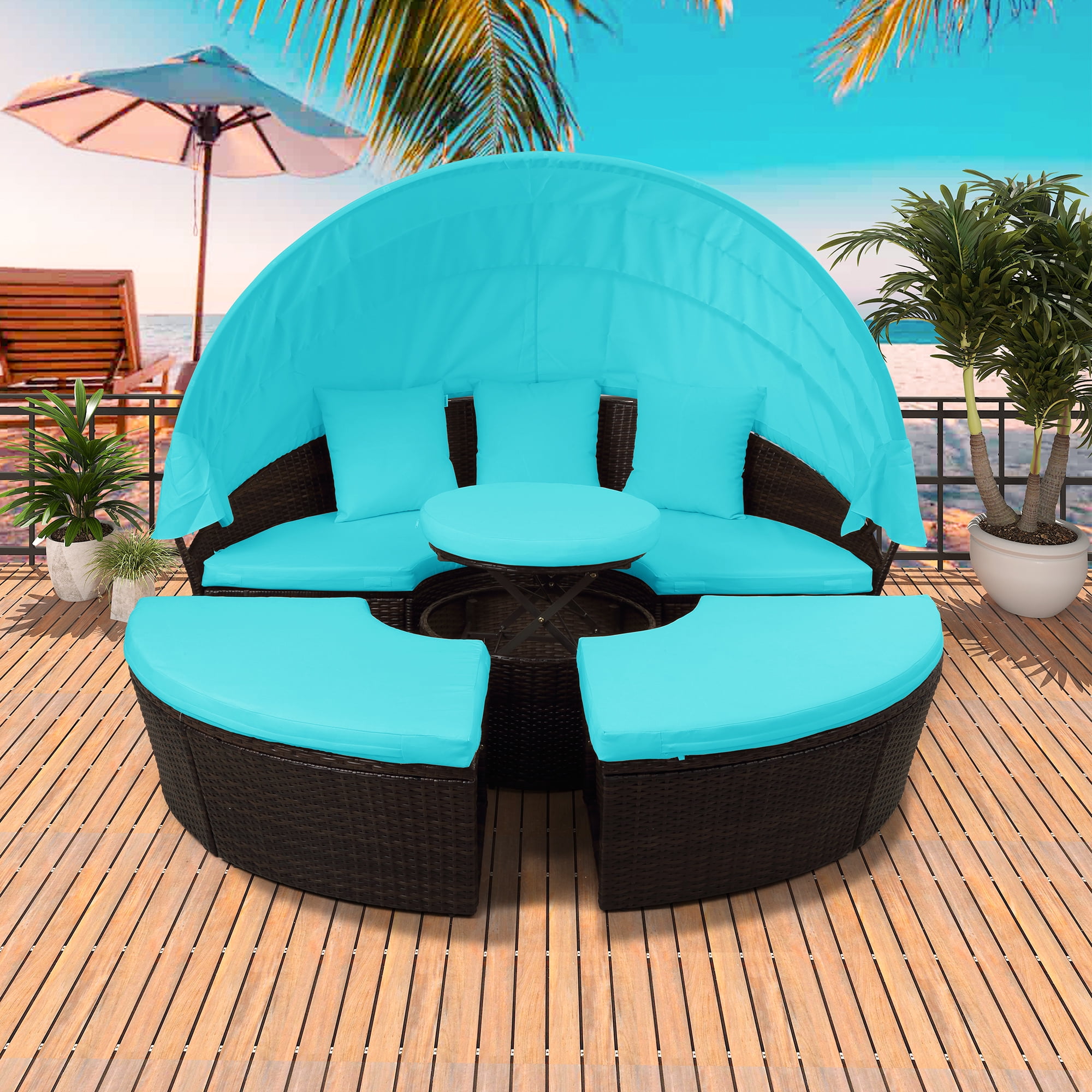 Round Outdoor Daybed Sunbed with Retractable Canopy, Separate Seating