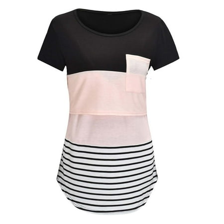 

Pregnant Women Summer Nursing Short Sleeve Fashion Versatile Solid Round Neck Stripe Splicing T-shirt Maternity Casual Loose Breastfeeding Top