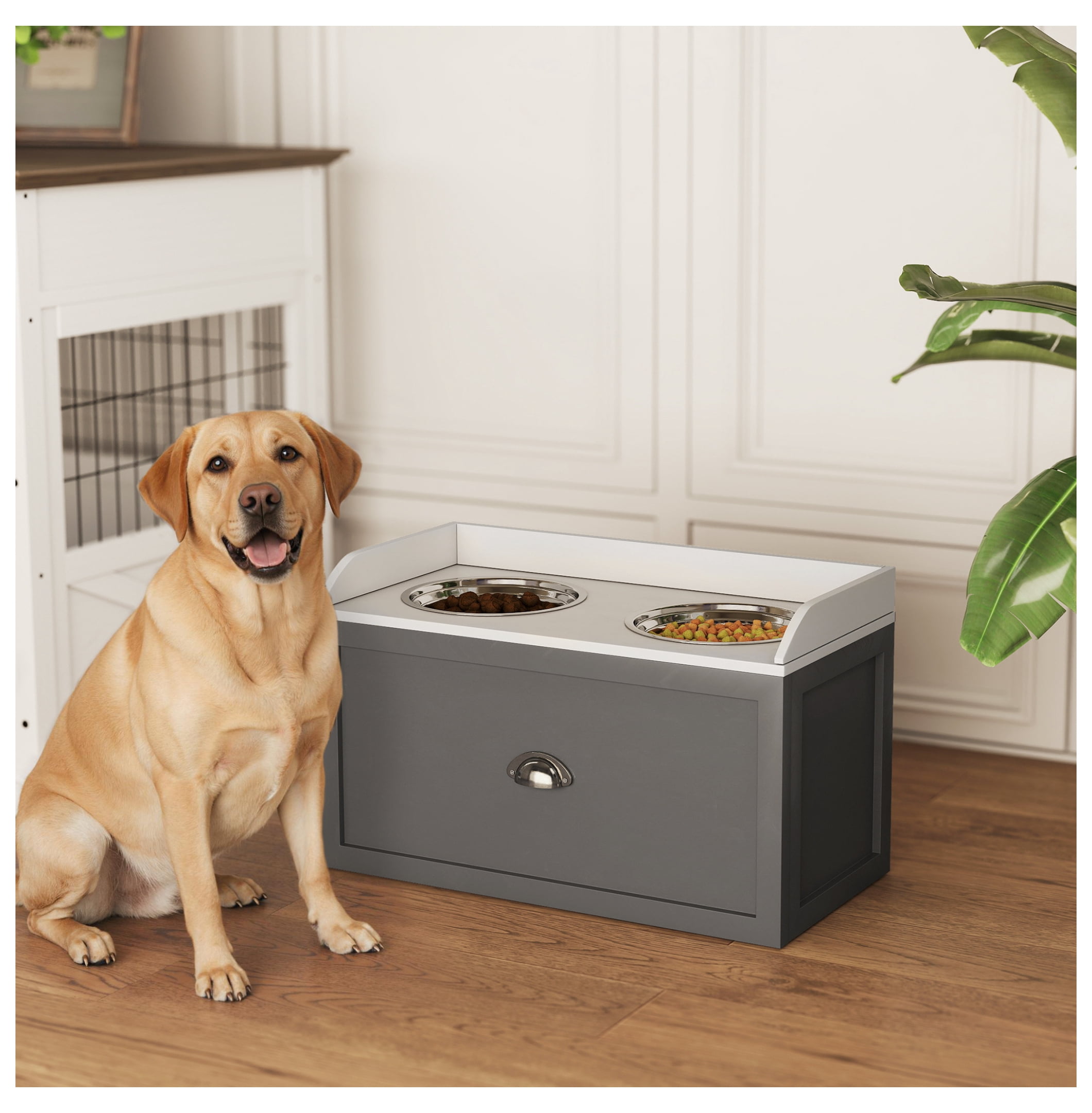 Dog Feeding Station Elevated Bowls, Large Dog Bowls with Storage, 2 Stainless Steel Bowls, Gray