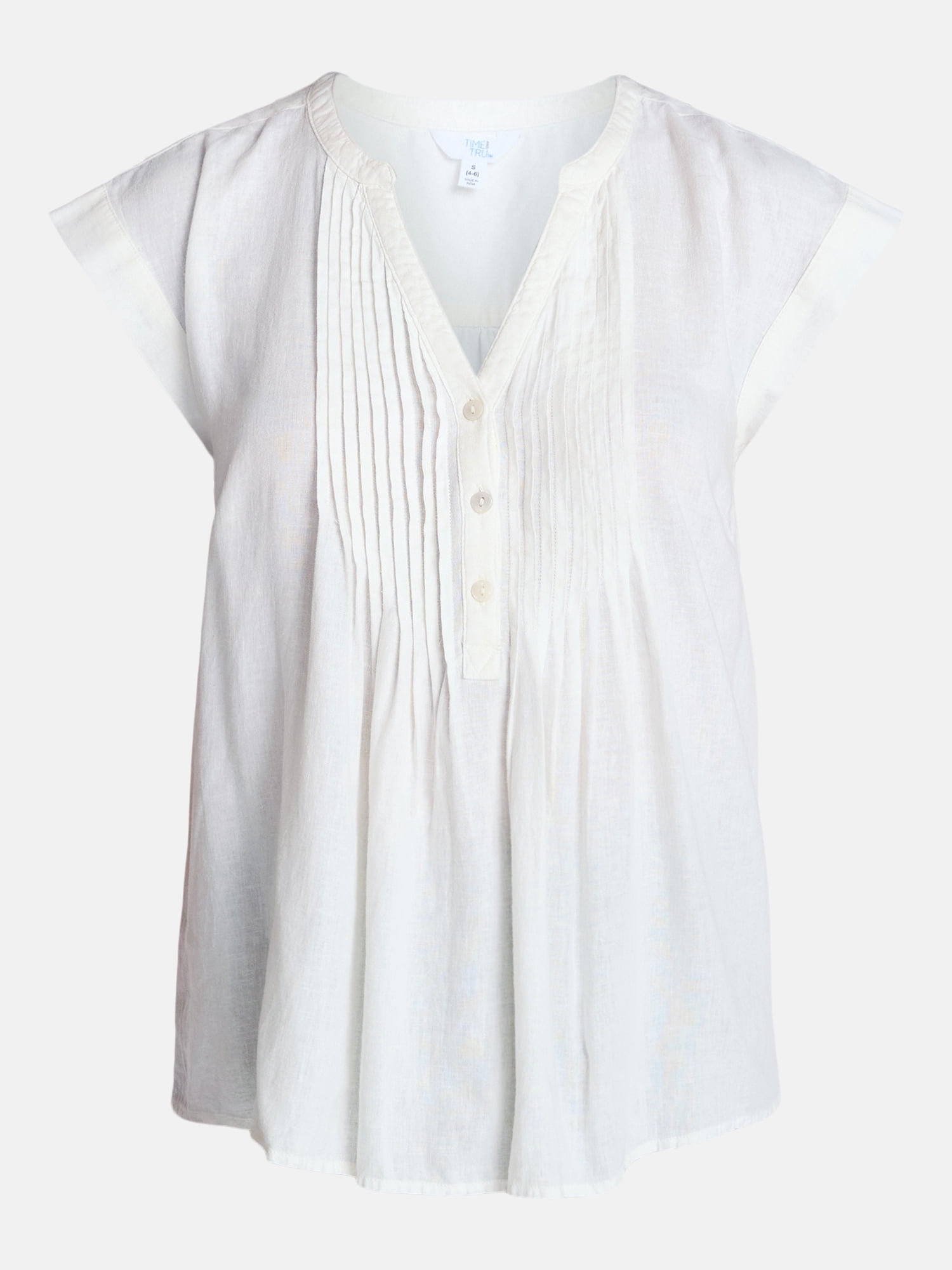Time and Tru Women's Linen Blend Pintuck Top with Short Sleeves, Size XS-XXXL