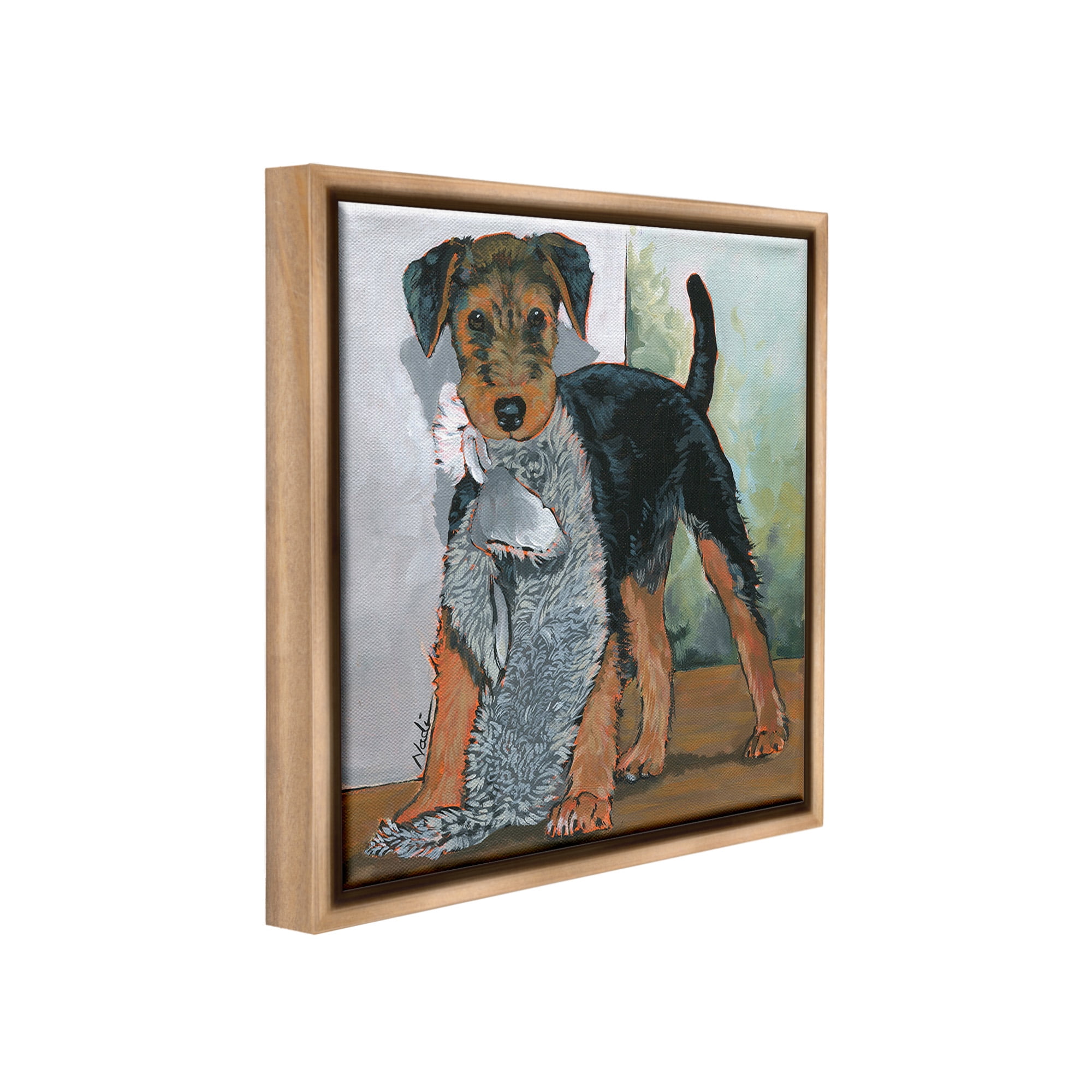 Stupell Industries Terrier Dog with Toy Animals & Insects Painting Brown Floater Framed Canvas Art Print Wall Art, 18 x 18