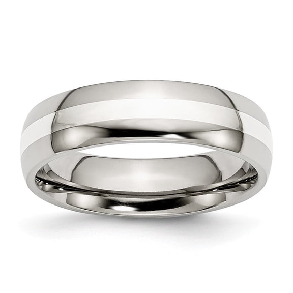 Stainless Steel Silver Inlay 6mm Polished Band Ring Size 7.5