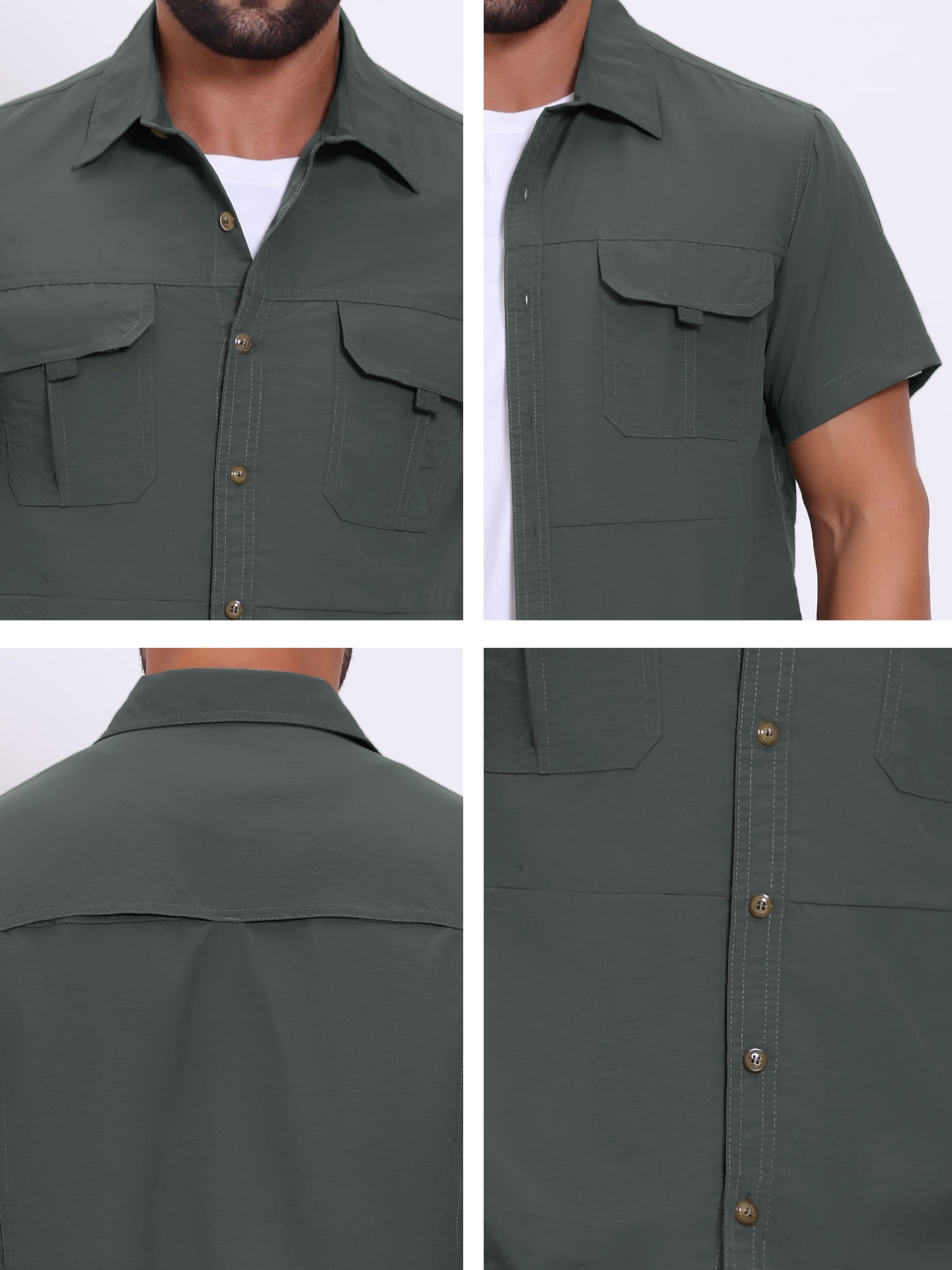 DARING DIVA Men's Solid Cargo Short Sleeve Button Down Utility Shirts M Gray