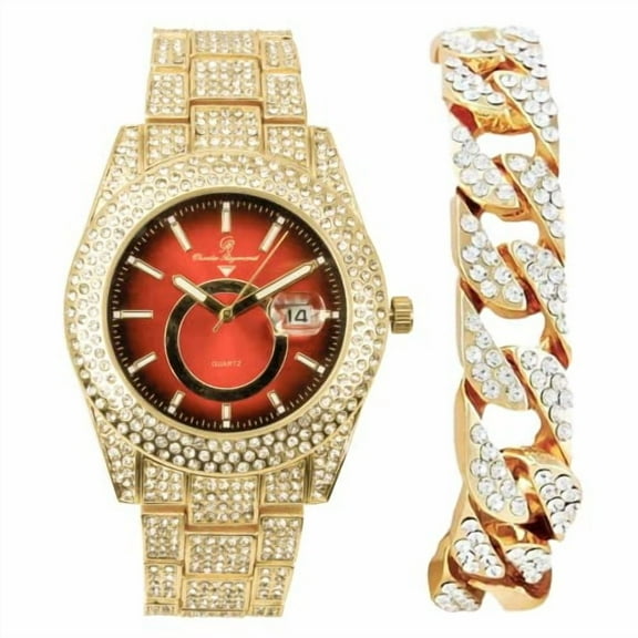 Charles Raymond Minimalist Designer Iced Out Watch with Date Window on dial A Hip Hop Clone Conspiracy Timepiece to Become a King of Bling - ST10328A (ST10328A Gld-Blk-Red-CB)