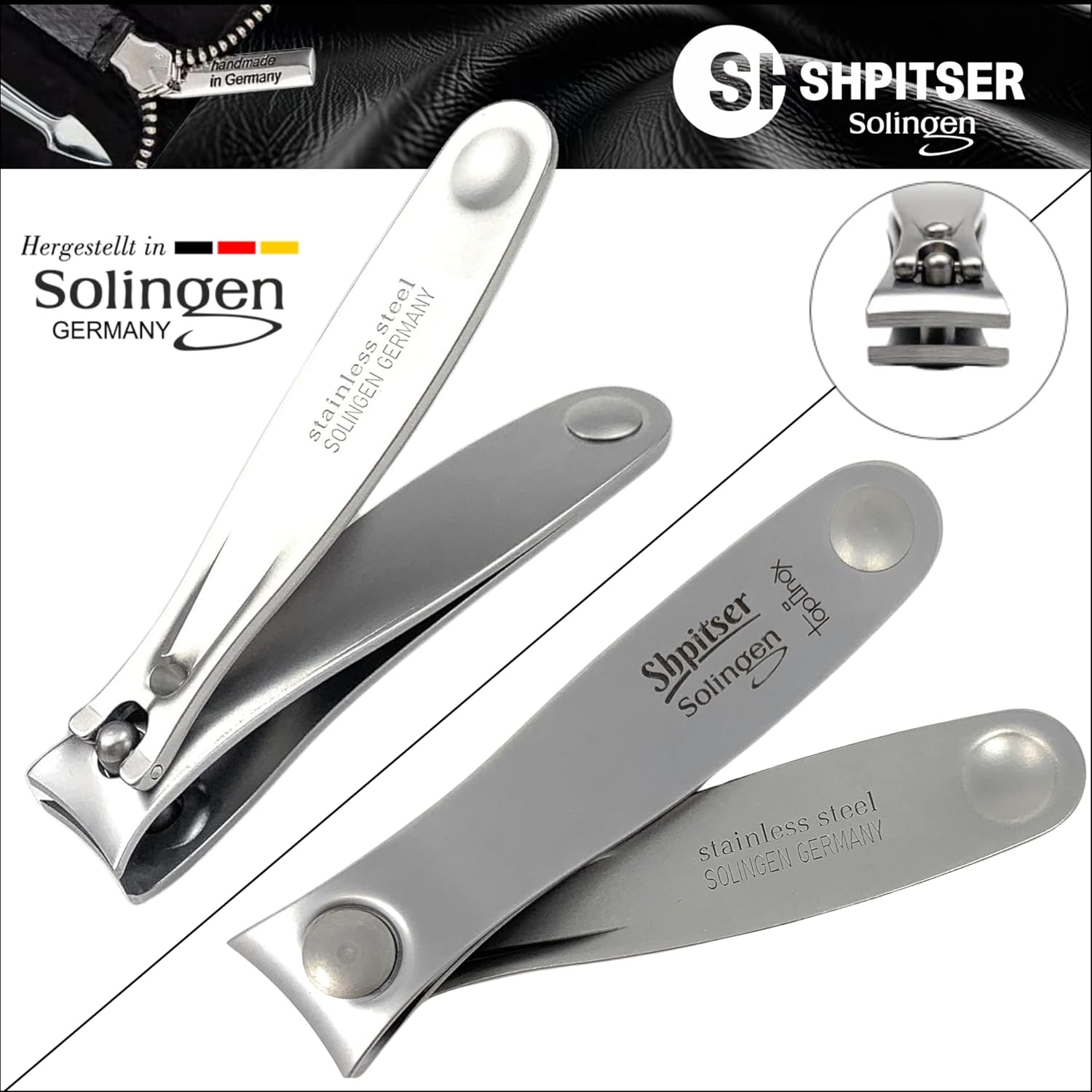 Shpitser Nail Kit, Manicure and Pedicure Women Set of 5 tools: Sharp Scissors, Clipper, Tweezers, Nail Cleaner, Nail File, Made in Solingen, Germany, Sturdy Stainless Steel, In Italian Leather Case