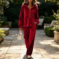 thumbnail image 5 of Szluipve 2 Piece Sets for Women Velour Tracksuit 2 Piece Outfits Hooded Henley Button Long Sleeve Top & Wide Leg Pants Casual Soft Loungewear Set with Pockets Red 2XL, 5 of 9