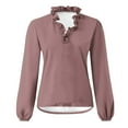 thumbnail image 4 of ATOYSOY Women's Long Sleeve Shirts Winter Loose Tops Solid Color Ruffle Pullover Spring Fashion V Neck Sweatshirts Workout Casual Elegant Blouse Brown XL, 4 of 5