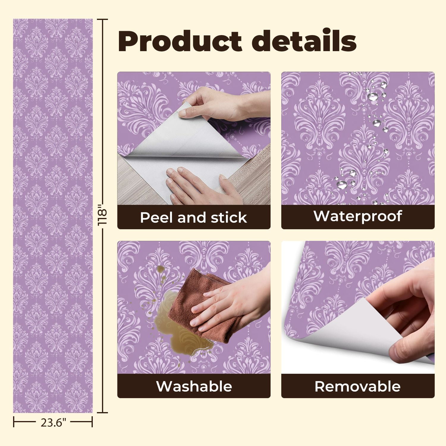 Peel and Stick Wallpaper 23.6in x 9.8ft Lavender Damask Elegant Swirls Floral Details Contact Paper Vinyl Self-Adhesive Removable Wall Paper for Bedroom DIY Home Decor Renter Friendly