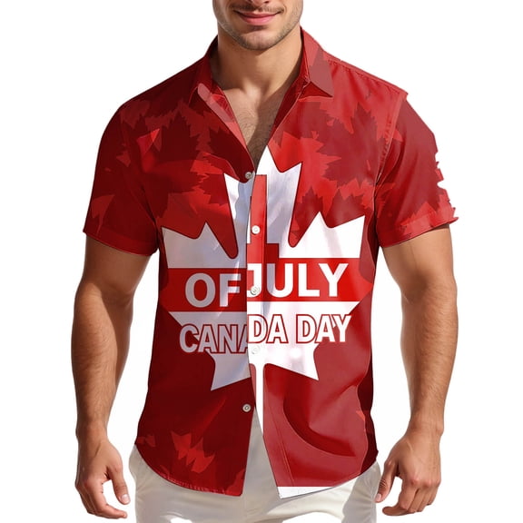 IWRICH Men's Hawaiian Shirts Casual Canadian Maple Leaf Print Shirts Short Sleeve Button down Shirts 19-Red XL