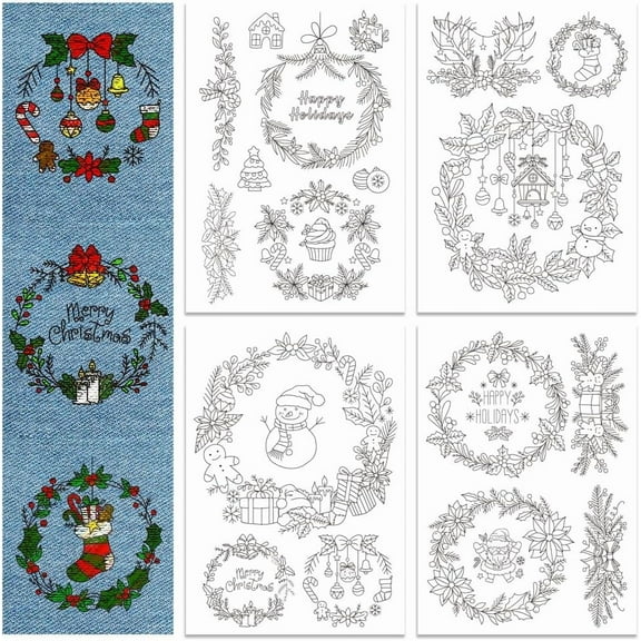 4 Sheets Christmas Wreath Stick and Stitch Water Soluble Stabilizer Hand Embroidery for DIY Sewing Embroidery Adhesive Hand Sewing Stabilizers Non-Woven Fabrics 11.7x8.3inch