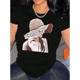 thumbnail image 1 of Camiseta deportiva informal y sencilla con cuello redondo y manga corta para mujer, con estampado de sombrero creativo de niña, cómoda para el verano y para las vacaciones. Camiseta deportiva de ocio., 1 of 6