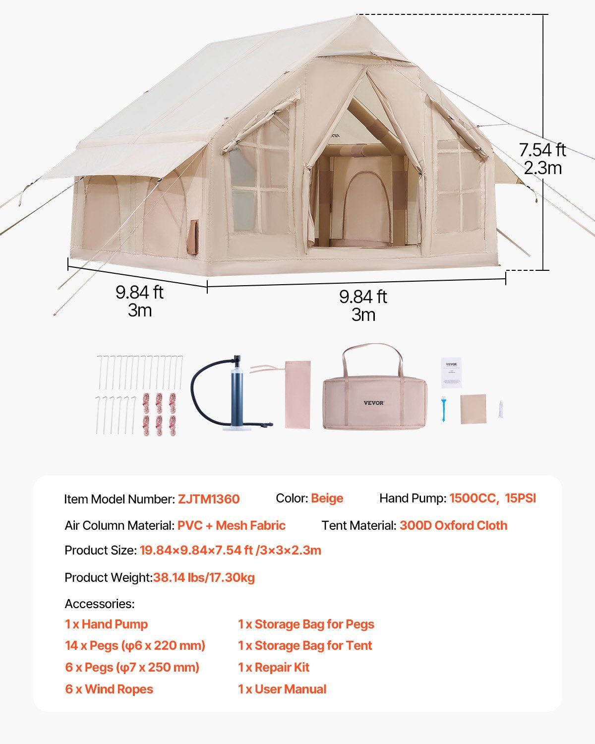 Inflatable Camping Tent with Pump for 4-6 People, 97 SQ.FT Spacious Glamping Tent with Stove Jack, Waterproof Oxford Fabric, Easy 10 Min Setup, Portable Blow Up Air Tent for All Seasons