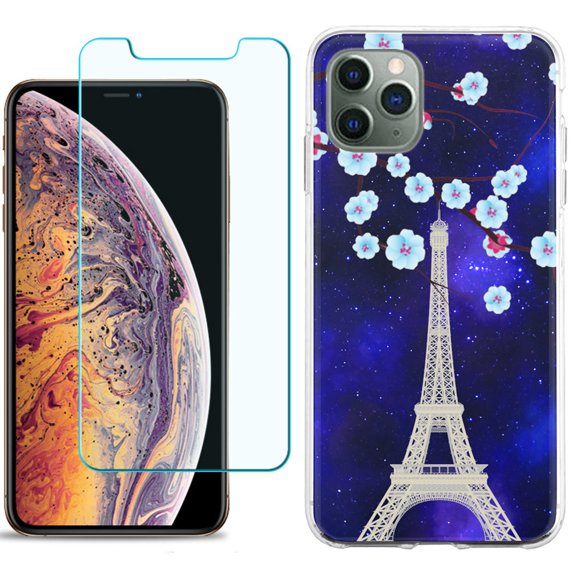 For Apple iPhone 11 Pro Case , Slim-Fit TPU Protective Phone Case with Tempered Glass Screen Protector, by OneToughShield ® - Eiffel Tower Stars