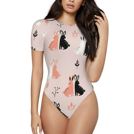 Gaeub White And Black Rabbit Print Women s Short Sleeve One Piece Swimsuit Sexy High-Waisted Bodysuit Bathing Suit for Swimming  Beach  Sports-X-Large
